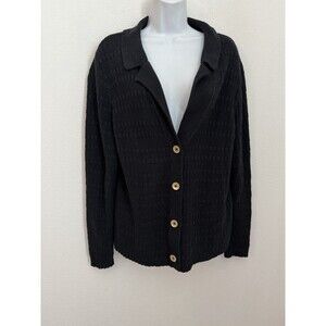 J Jill Wearever Cardigan Black Button Up Gold Buttons Knit Textured Office M